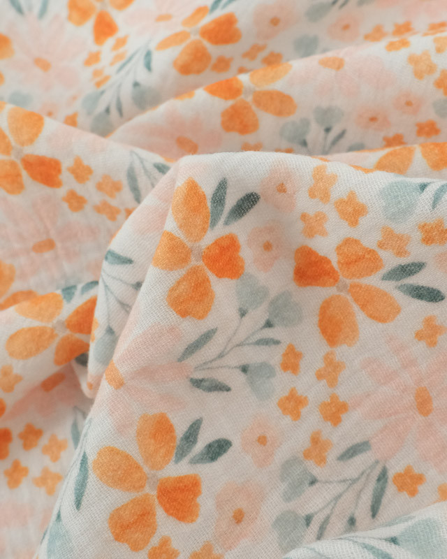 Tissu Double Gaze Blanche Joli Motif Digital Fleuri Orange - Mercerine