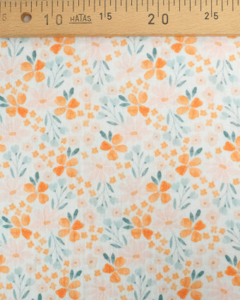 Tissu Double Gaze Blanche Joli Motif Digital Fleuri Orange - Mercerine