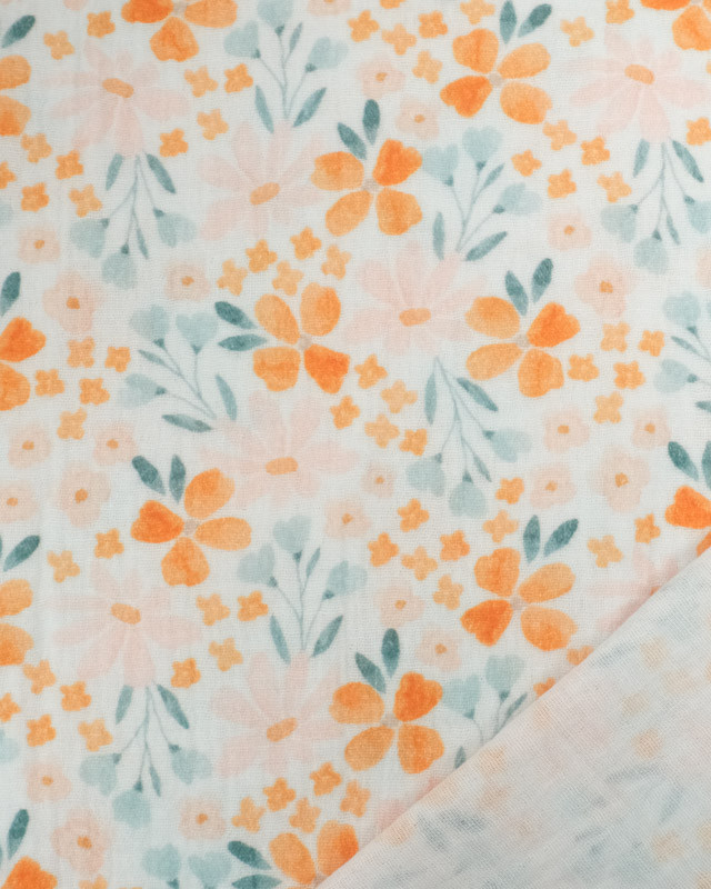 Tissu Double Gaze Blanche Joli Motif Digital Fleuri Orange - Mercerine