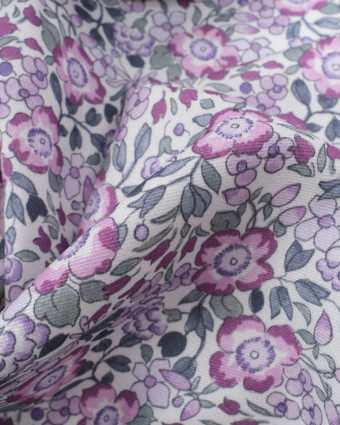 Viscose Blanche Imprimé Fleuri Romantique Mauve - Mercerine