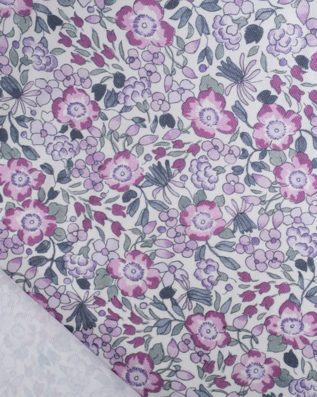 Viscose Blanche Imprimé Fleuri Romantique Mauve - Mercerine