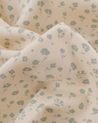 Tissu Coton Sergé Bio Beige Petite Fleur Vert Céladon - Mercerine