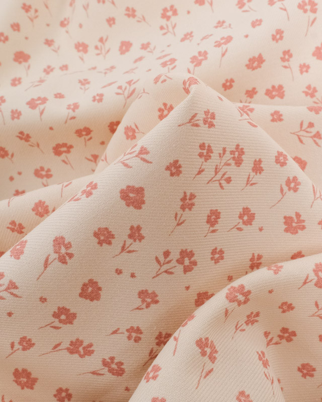 Tissu Coton Sergé Bio Beige Petite Fleur Vieux Rose - Mercerine