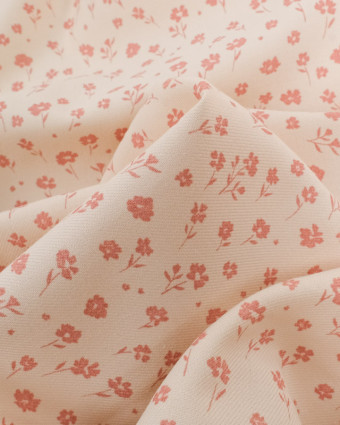 Tissu Coton Sergé Bio Beige Petite Fleur Vieux Rose - Mercerine