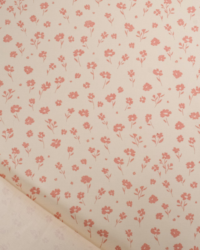 Tissu Coton Sergé Bio Beige Petite Fleur Vieux Rose - Mercerine