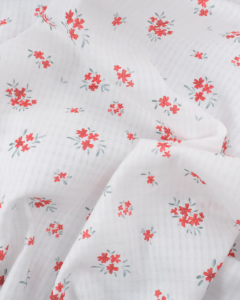 Tissu Coton Gaufré Bio Blanc Petites Fleurs Rouges - Mercerine