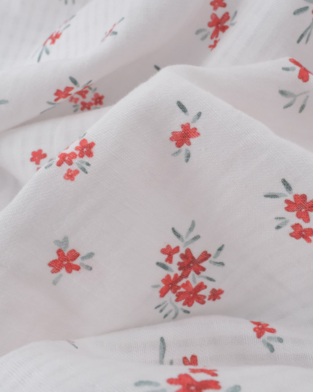 Tissu Coton Gaufré Bio Blanc Petites Fleurs Rouges - Mercerine