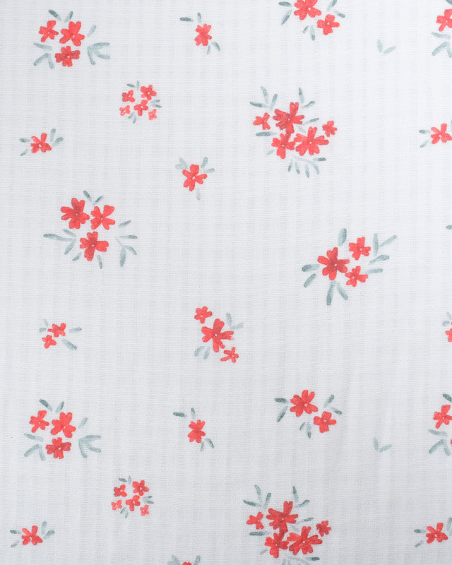 Tissu Coton Gaufré Bio Blanc Petites Fleurs Rouges - Mercerine