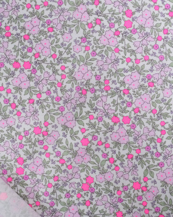 Coton Bio Motif Fleuri Mauve et Rose Fluo- Mercerine