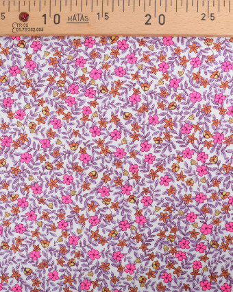 Coton Bio Joli Motif Fleuri Rose Fluo Mauve et Caramel - Mercerine