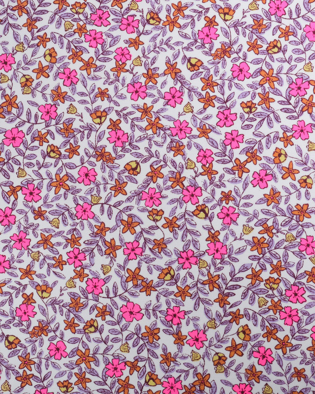 Coton Bio Joli Motif Fleuri Rose Fluo Mauve et Caramel - Mercerine