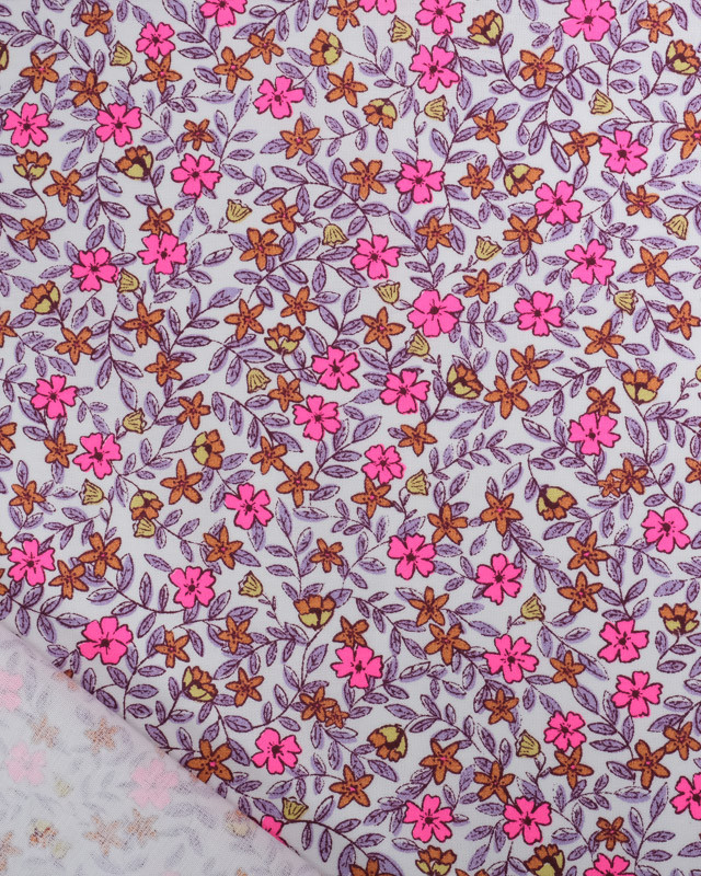 Coton Bio Joli Motif Fleuri Rose Fluo Mauve et Caramel - Mercerine