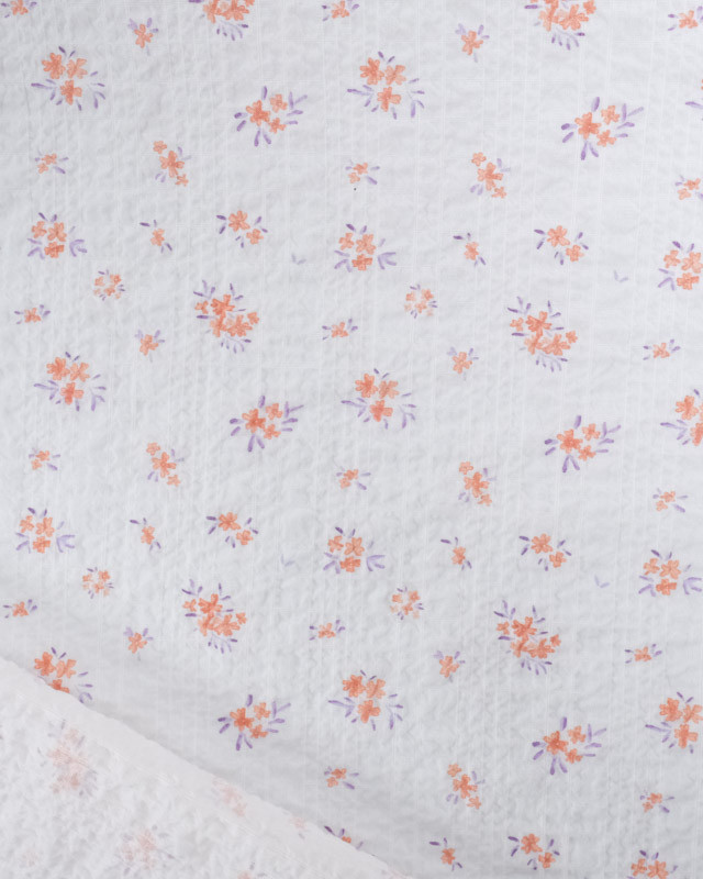 Tissu Coton Blanc Texturé Petites Fleurs Oranges - Mercerine