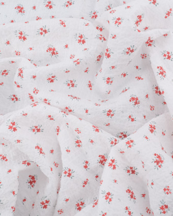 Tissu Coton Blanc Texturé Petites Fleurs Rouges - Mercerine