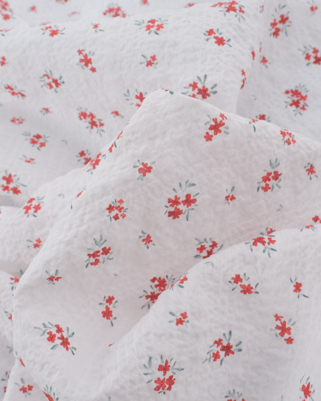 Tissu Coton Blanc Texturé Petites Fleurs Rouges - Mercerine