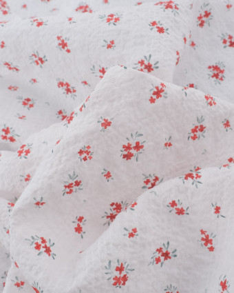 Tissu Coton Blanc Texturé Petites Fleurs Rouges - Mercerine