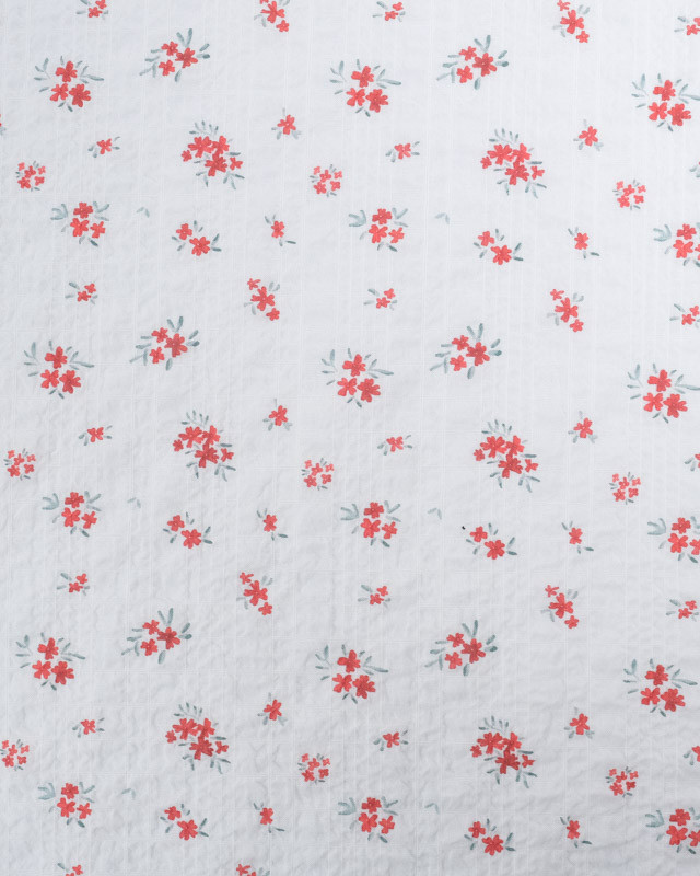 Tissu Coton Blanc Texturé Petites Fleurs Rouges - Mercerine