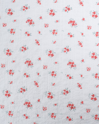 Tissu Coton Blanc Texturé Petites Fleurs Rouges - Mercerine