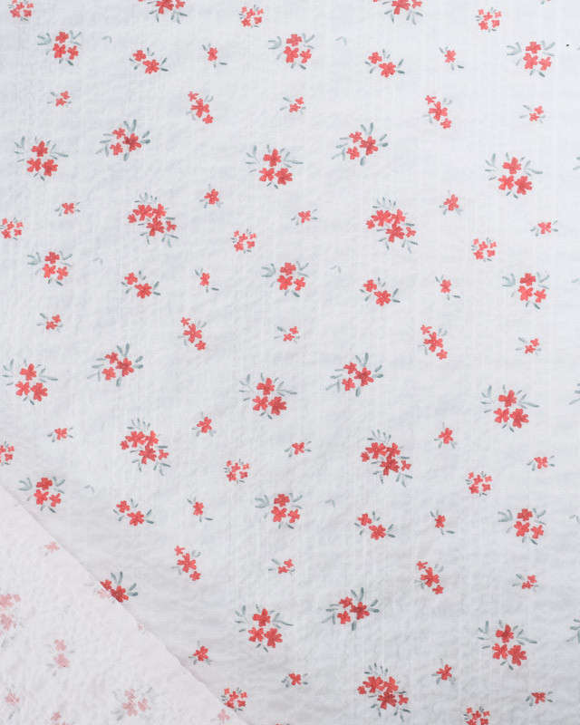 Tissu Coton Blanc Texturé Petites Fleurs Rouges - Mercerine