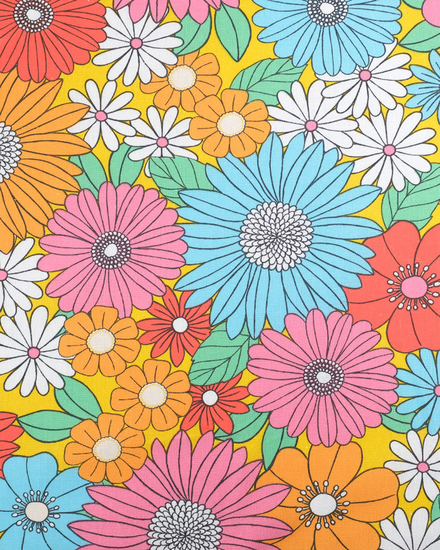 Cretonne de Coton Jaune Motif Flower Power Coloré - Mercerine