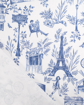 Tissu Demi Natte Ecru Motif Toile de Jouy Paris - Oeko-Tex - Mercerine