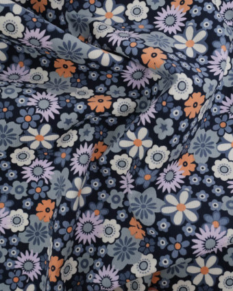 Velours Milleraies Bleu Motif Fleuri Seventies - Mercerine