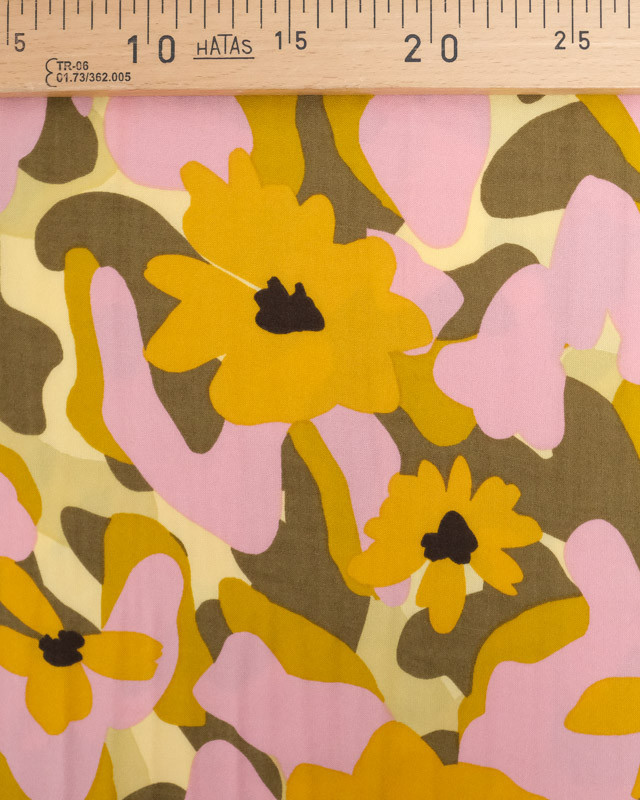 Tissu Viscose Motif Floral Vert Jaune et Rose - Oeko-Tex -  Mercerine