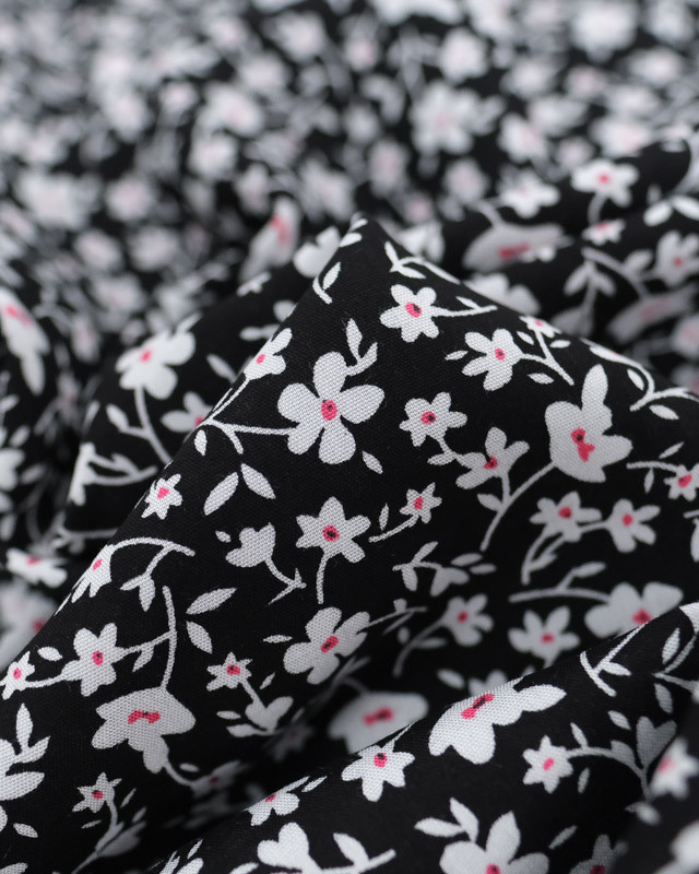 Viscose Noire Petites Fleurs Blanches et Roses - Mercerine