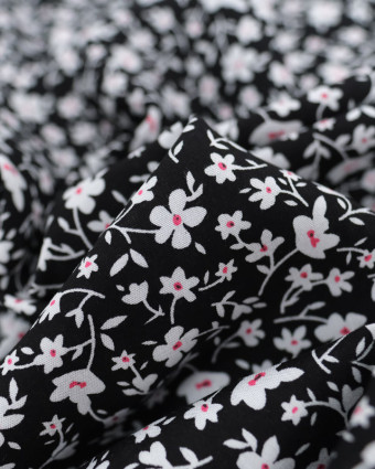 Viscose Noire Petites Fleurs Blanches et Roses - Mercerine