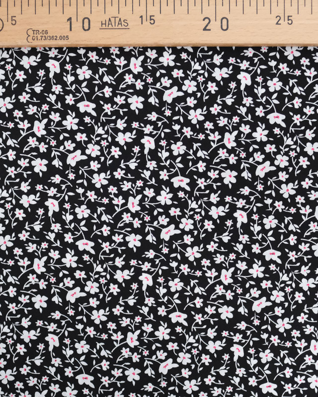 Viscose Noire Petites Fleurs Blanches et Roses - Mercerine