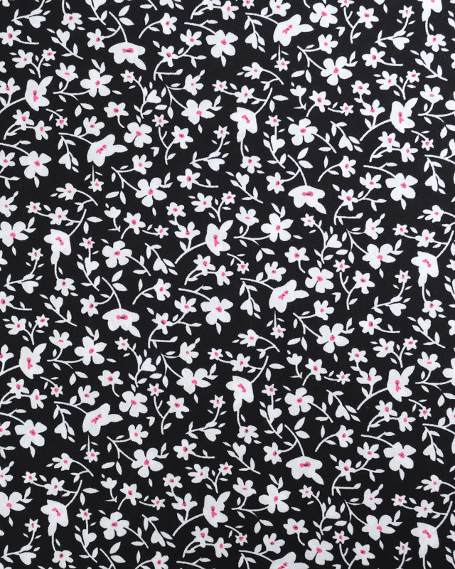 Viscose Noire Petites Fleurs Blanches et Roses - Mercerine