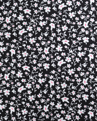 Viscose Noire Petites Fleurs Blanches et Roses - Mercerine