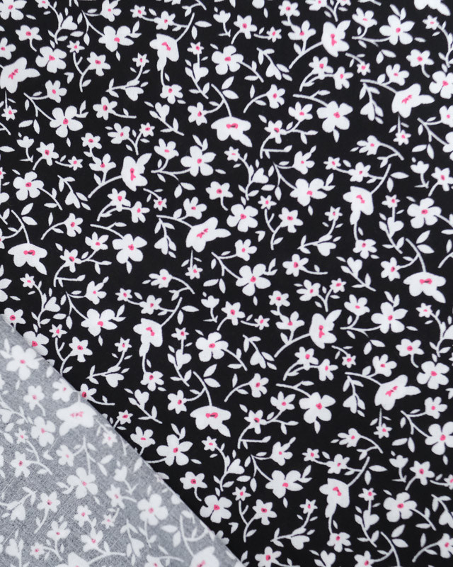 Viscose Noire Petites Fleurs Blanches et Roses - Mercerine