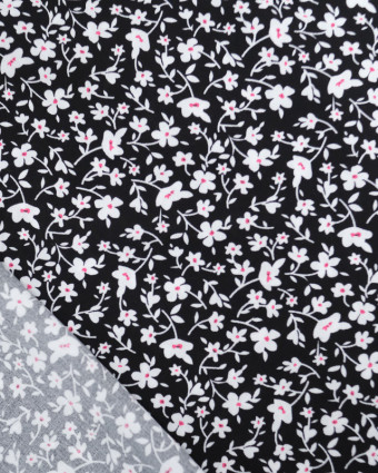 Viscose Noire Petites Fleurs Blanches et Roses - Mercerine