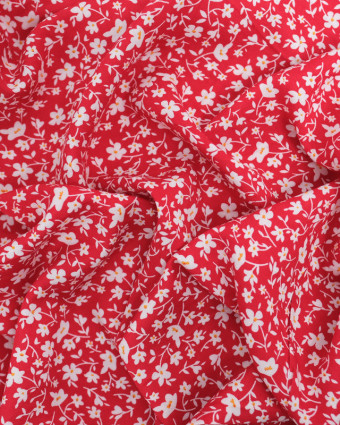 Tissu Viscose Rouge Petites Fleurs Blanches et Oranges - Mercerine