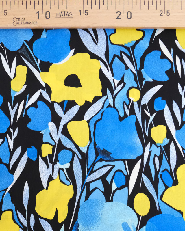 Viscose Noire Jolies Fleurs Bleues et Jaunes - Mercerine