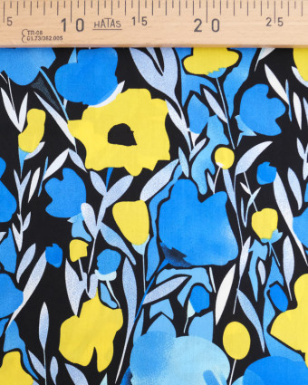 Viscose Noire Jolies Fleurs Bleues et Jaunes - Mercerine