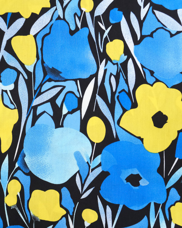 Viscose Noire Jolies Fleurs Bleues et Jaunes - Mercerine