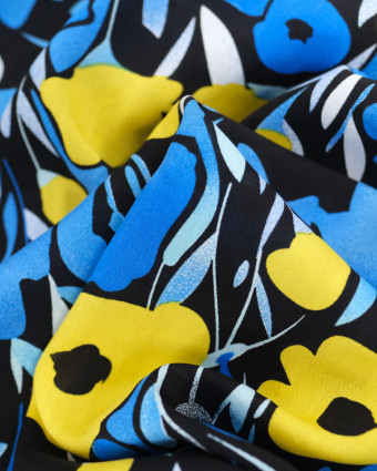 Viscose Noire Jolies Fleurs Bleues et Jaunes - Mercerine