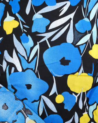 Viscose Noire Jolies Fleurs Bleues et Jaunes - Mercerine