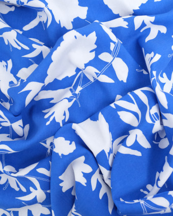 Tissu Viscose Bleu Roi Fleurs Blanches - Mercerine