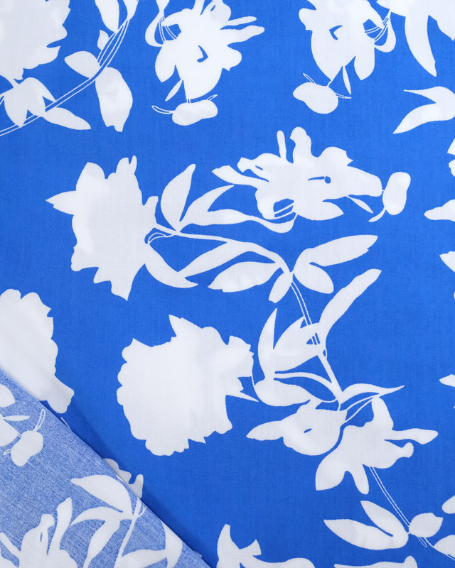 Tissu Viscose Bleu Roi Fleurs Blanches - Mercerine