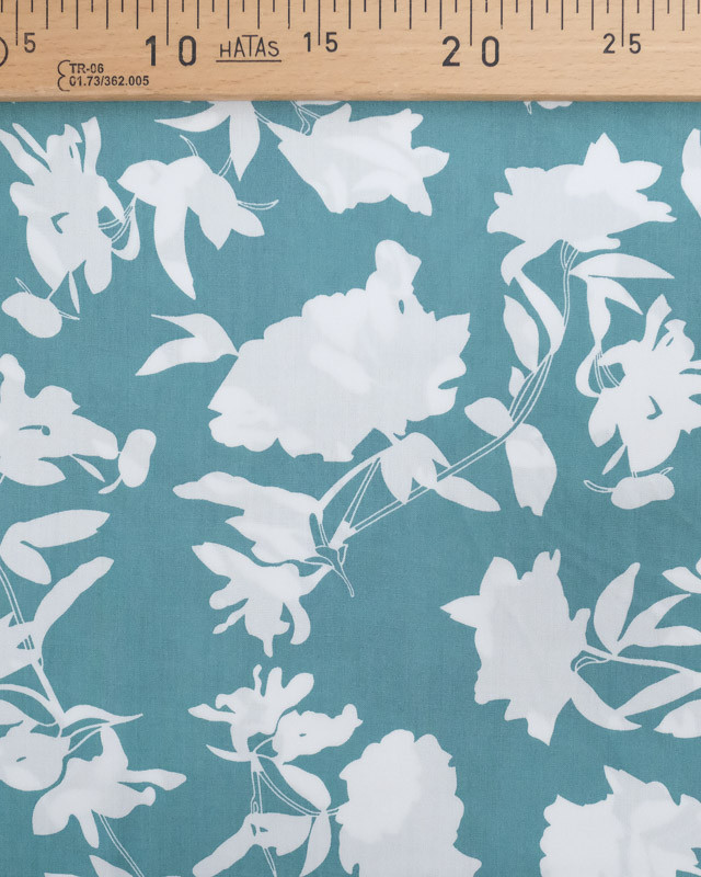 Tissu Viscose Bleu Vert Fleurs Blanches - Mercerine