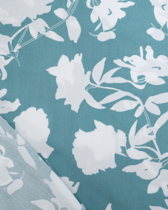 Tissu Viscose Bleu Vert Fleurs Blanches - Mercerine