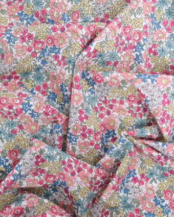 Tissu Coton Ecru Motif Fleuri Rose Vert Bleu - Mercerine