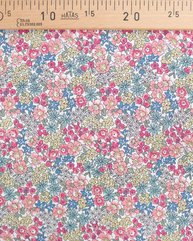 Tissu Coton Ecru Motif Fleuri Rose Vert Bleu - Mercerine