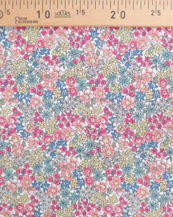 Tissu Coton Ecru Motif Fleuri Rose Vert Bleu - Mercerine