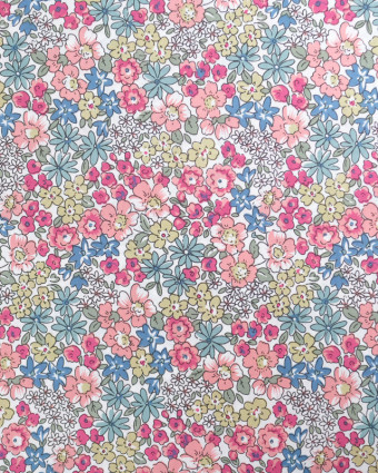 Tissu Coton Ecru Motif Fleuri Rose Vert Bleu - Mercerine