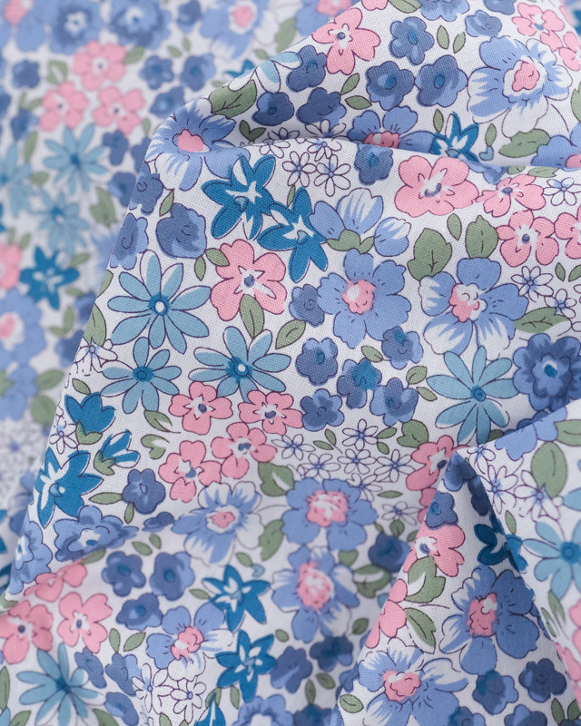 Coton Ecru Fleuri Rose et Bleu - Mercerine