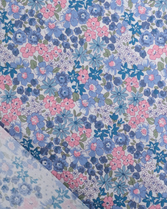 Coton Ecru Fleuri Rose et Bleu - Mercerine